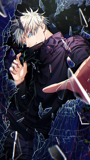 Gojo Satoru from Jujutsu Kaisen in a dramatic shattered glass scene with blue eyes and dark attire HD phone wallpaper
