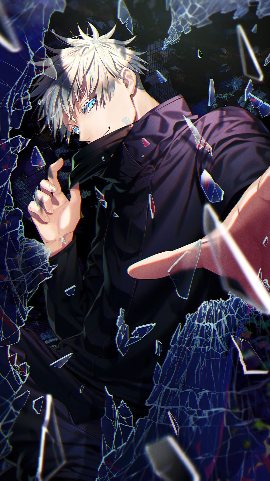 Gojo Satoru from Jujutsu Kaisen in a dramatic shattered glass scene with blue eyes and dark attire HD phone wallpaper