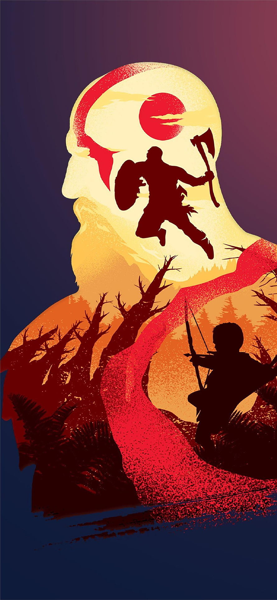 God of War 3 Kratos Silhouette Artwork with Red Path and Warrior Figures HD phone wallpaper