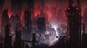 Dystopian Cyberpunk Metropolis with Industrial Silhouettes and Neon Glow HD wallpaper