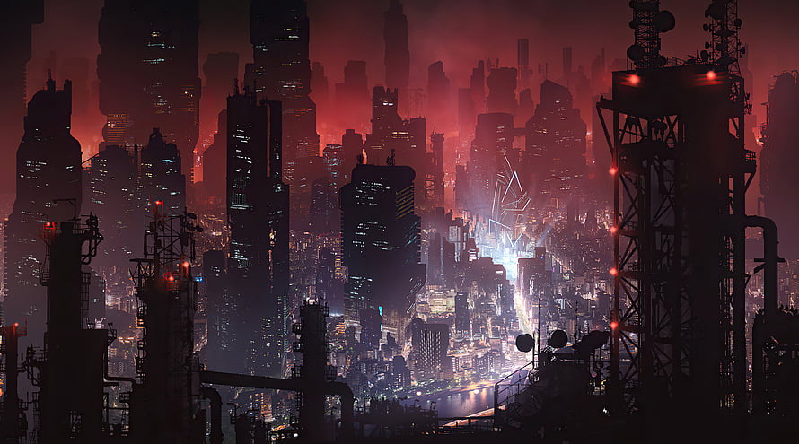 Dystopian Cyberpunk Metropolis with Industrial Silhouettes and Neon Glow HD wallpaper