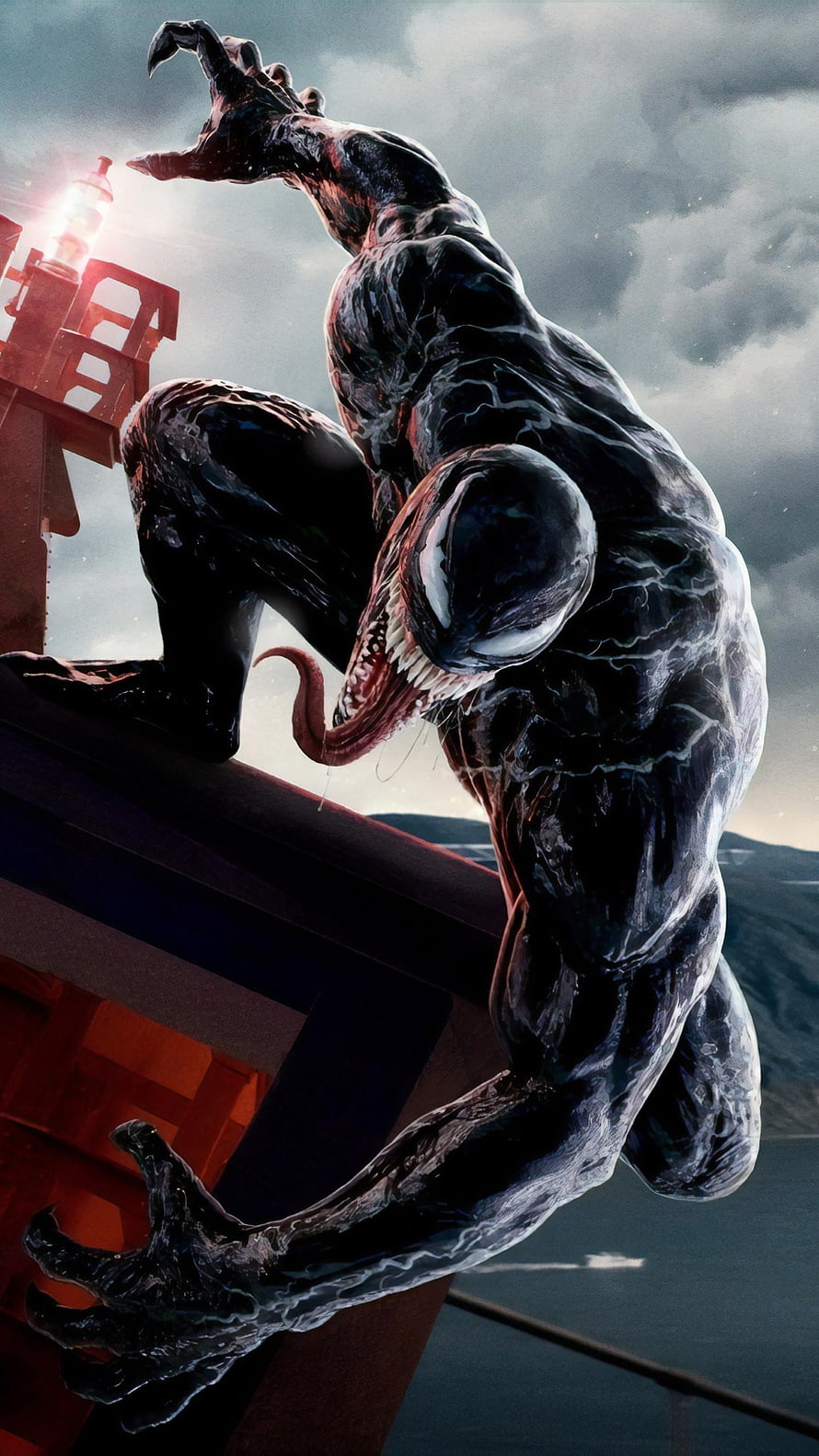Venom Crouching on Lighthouse Structure with Sharp Claws and Long Tongue HD phone wallpaper