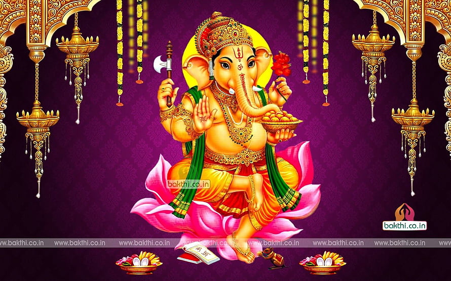 Lord Ganesha Sitting on Lotus with Axe and Modak Digital Art Wallpaper HD wallpaper