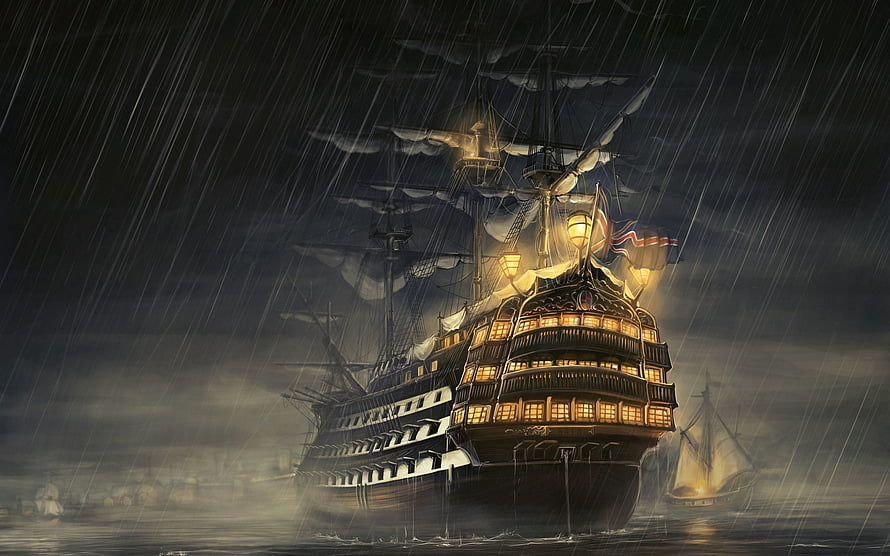 Majestic sailing ship navigating through a dark stormy night with glowing lanterns HD wallpaper