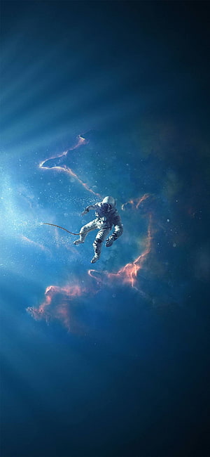 Astronaut Floating in Deep Space Amidst Blue and Pink Nebula Clouds HD phone wallpaper