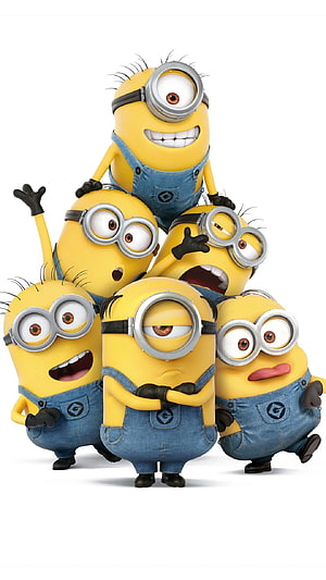 Group of Minions Characters Posing Together in Blue Overalls HD phone wallpaper
