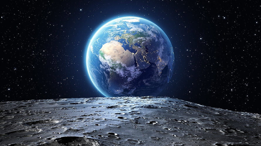 Earth Rising Over the Moon's Cratered Surface in Deep Space HD wallpaper