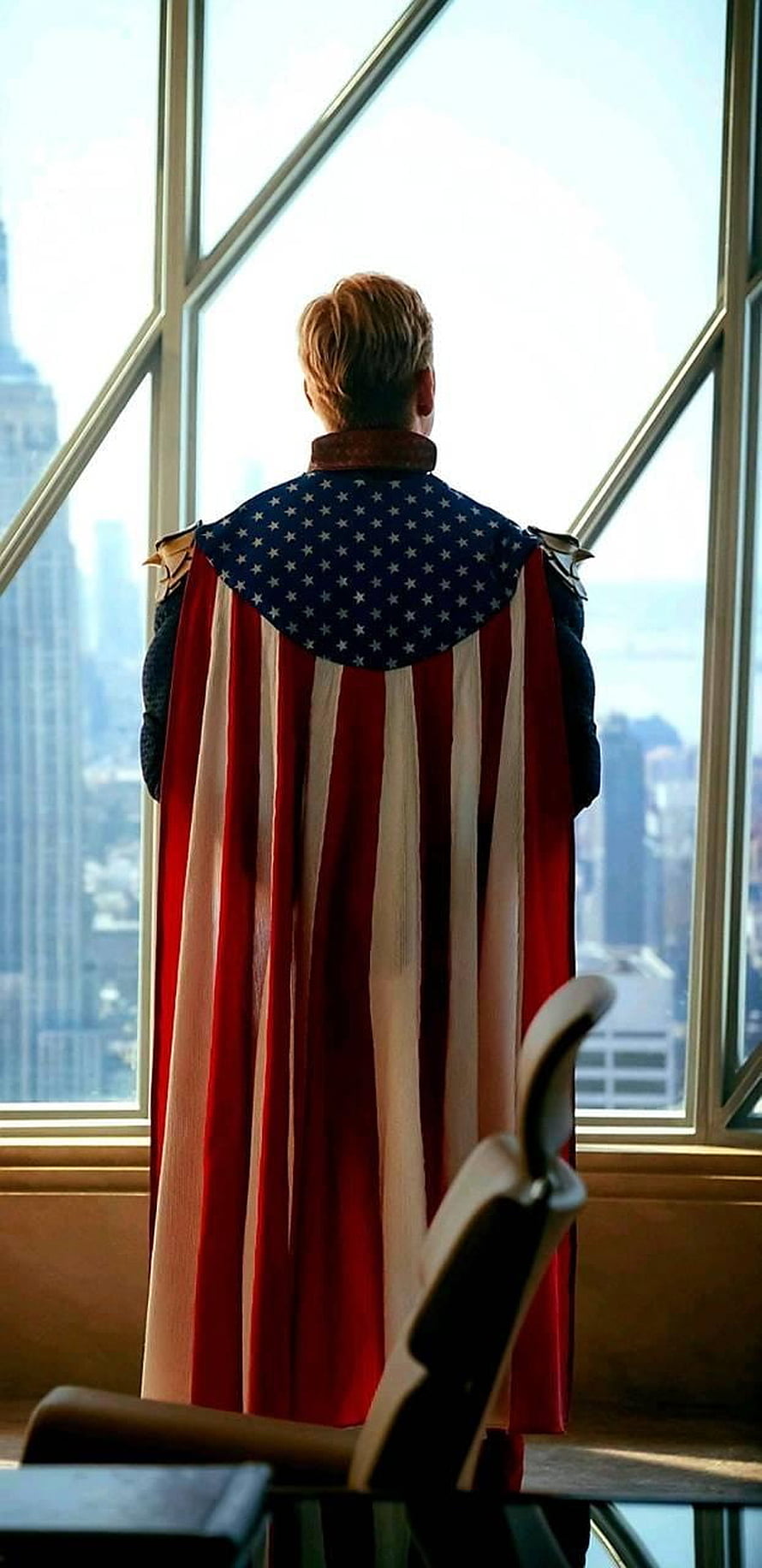 Captain America Steve Rogers Back View With Flag Cape Looking Out Window HD phone wallpaper