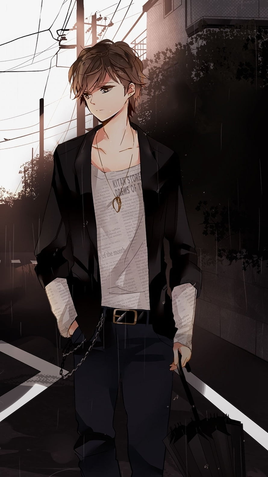 Anime Boy Standing In Rain With Umbrella On Street HD phone wallpaper