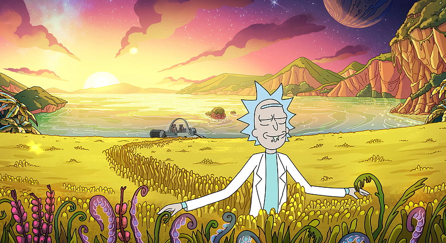 Rick Sanchez standing in alien field with spaceship and colorful sunset HD wallpaper