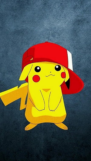 Cute Pikachu Wearing Red Baseball Cap on Blue Background HD phone wallpaper