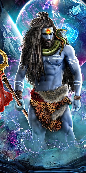 Lord Shiva Mahakal Digital Art with Cosmic Nebula Background and Trishul HD phone wallpaper