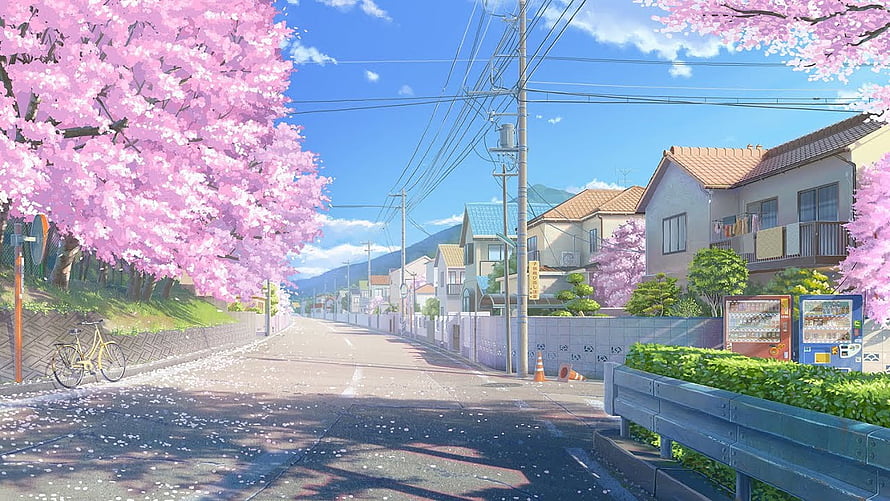 Anime Style Japanese Street Scene With Pink Cherry Blossoms And Blue Sky HD wallpaper