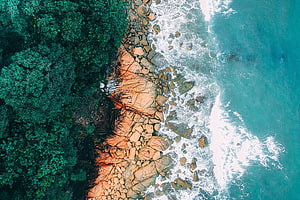 Aerial View of Turquoise Ocean Waves Crashing Against Rocky Shoreline and Dense Forest HD wallpaper