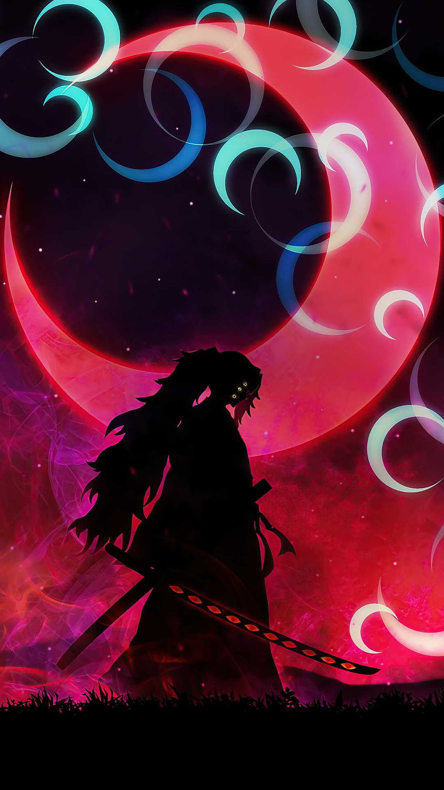 Silhouette of Akaza from Demon Slayer with glowing eyes and crescent moon symbols against a red moon background HD phone wallpaper