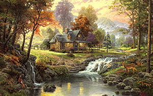 Cozy Log Cabin by a Stream in Autumn Forest with Deer and Mountains HD wallpaper