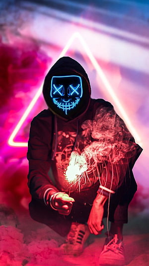 Anonymous Hacker in Neon LED Mask with Sparkler and Smoke HD phone wallpaper