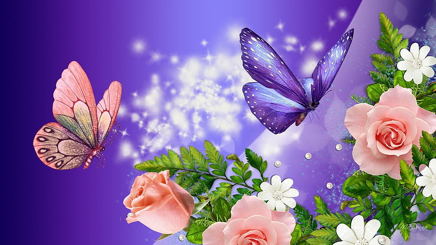 Magical Purple Butterfly and Pink Roses Fantasy Floral Wallpaper HD wallpaper