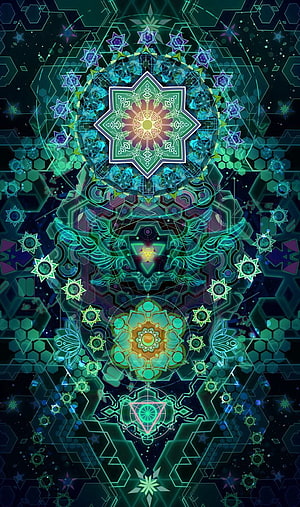 Neon Green and Blue Digital Mandala with Hexagonal Patterns and Sacred Geometry, ART. Sacred Geometry Mandalas Mystical Symbols, Geometric Psychedelic HD phone wallpaper