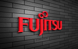Fujitsu Logo 3D Render on Dark Brick Wall Background HD wallpaper