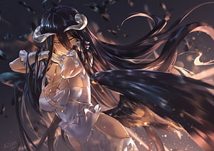 Albedo from Overlord in a flowing white dress with dark horns and long black hair HD wallpaper