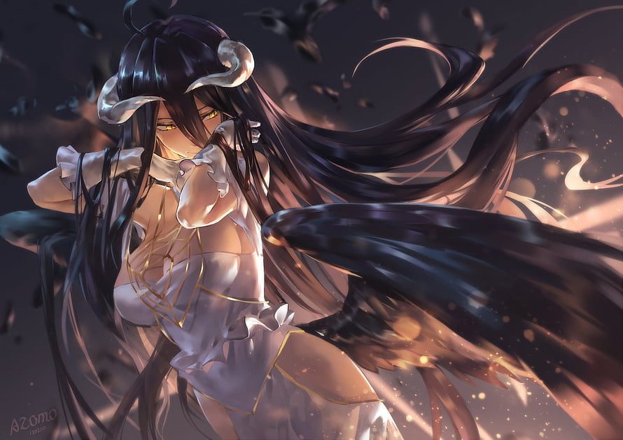 Albedo from Overlord in a flowing white dress with dark horns and long black hair HD wallpaper