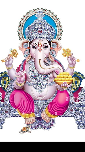 Lord Ganesha Seated on Ornate Throne Holding Laddu and Vajra with Mouse Companion HD phone wallpaper