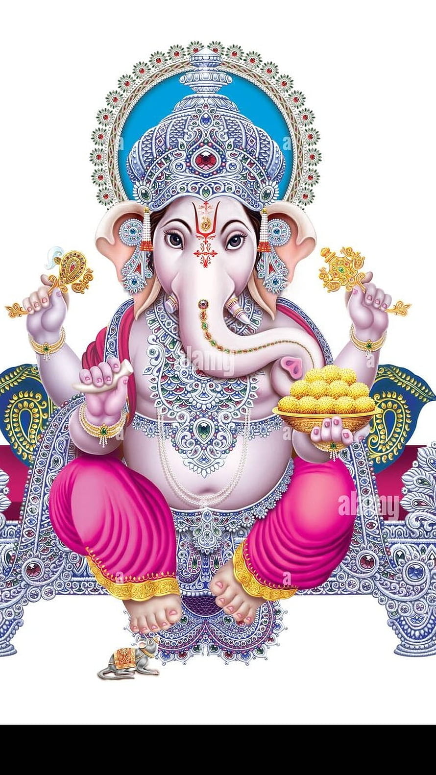 Lord Ganesha Seated on Ornate Throne Holding Laddu and Vajra with Mouse Companion HD phone wallpaper