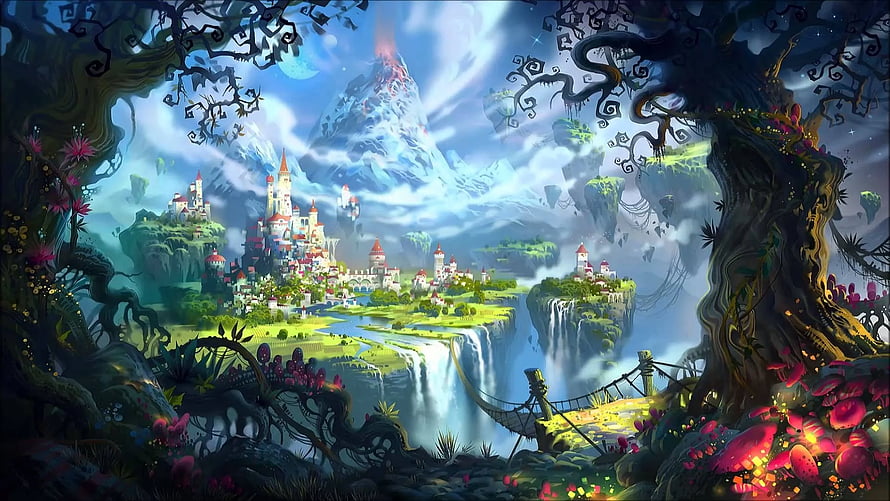Guardian Tales Fantasy Landscape with Floating Castles and Enchanted Forest HD wallpaper