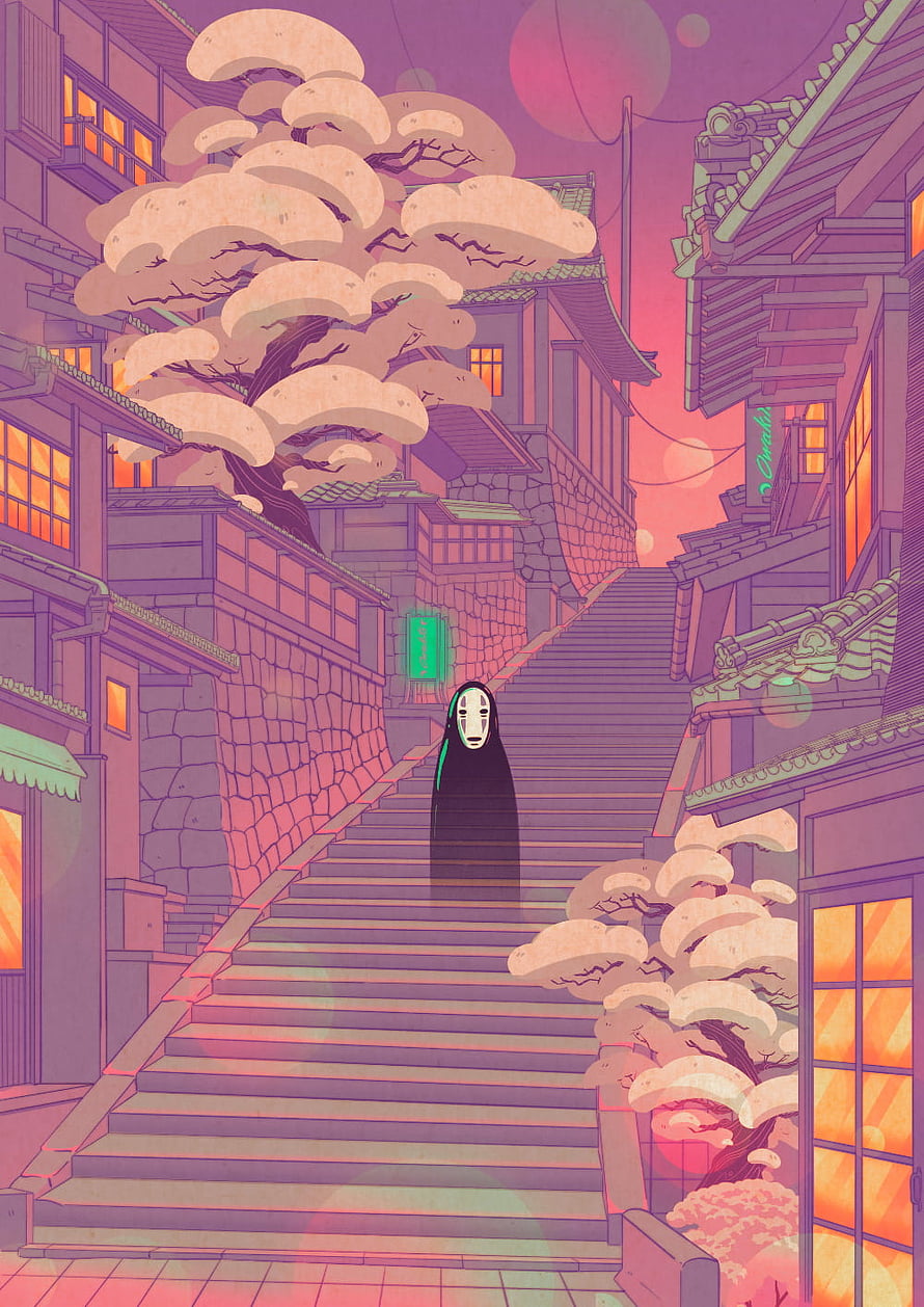 No Face Character Standing on Stairs in Retro Japanese Town at Sunset HD phone wallpaper