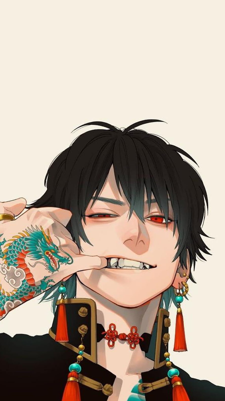 Anime Boy With Dragon Tattoo And Chinese Tassel Earrings HD phone wallpaper
