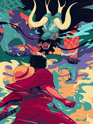 Luffy Confronts Kaido in Epic One Piece Anime Battle Illustration HD phone wallpaper