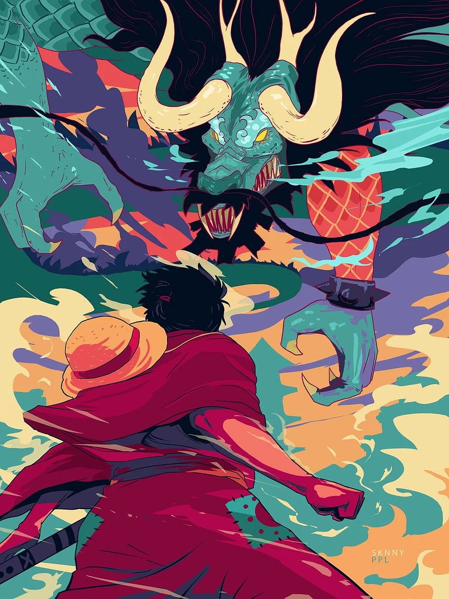 Luffy Confronts Kaido in Epic One Piece Anime Battle Illustration HD phone wallpaper