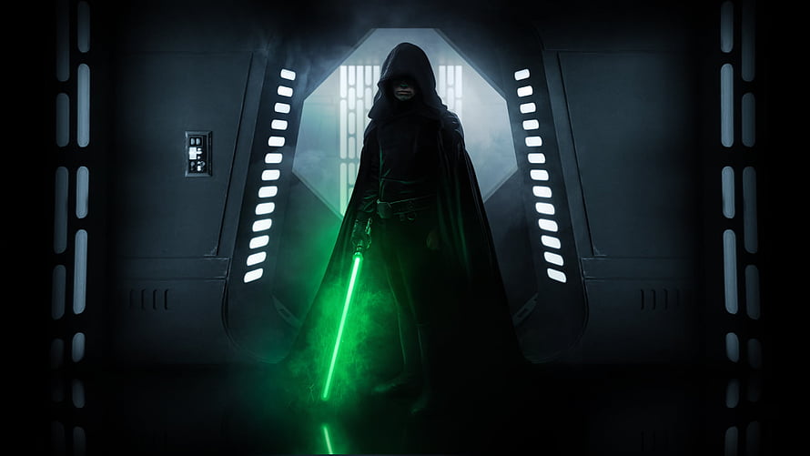 Luke Skywalker in Dark Robes Holding Green Lightsaber in Star Wars Corridor HD wallpaper