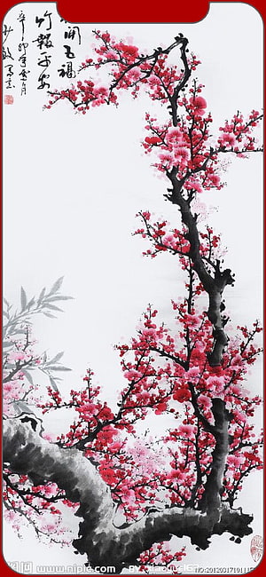 Traditional Chinese Ink Painting of Red Plum Blossoms and Bamboo HD phone wallpaper