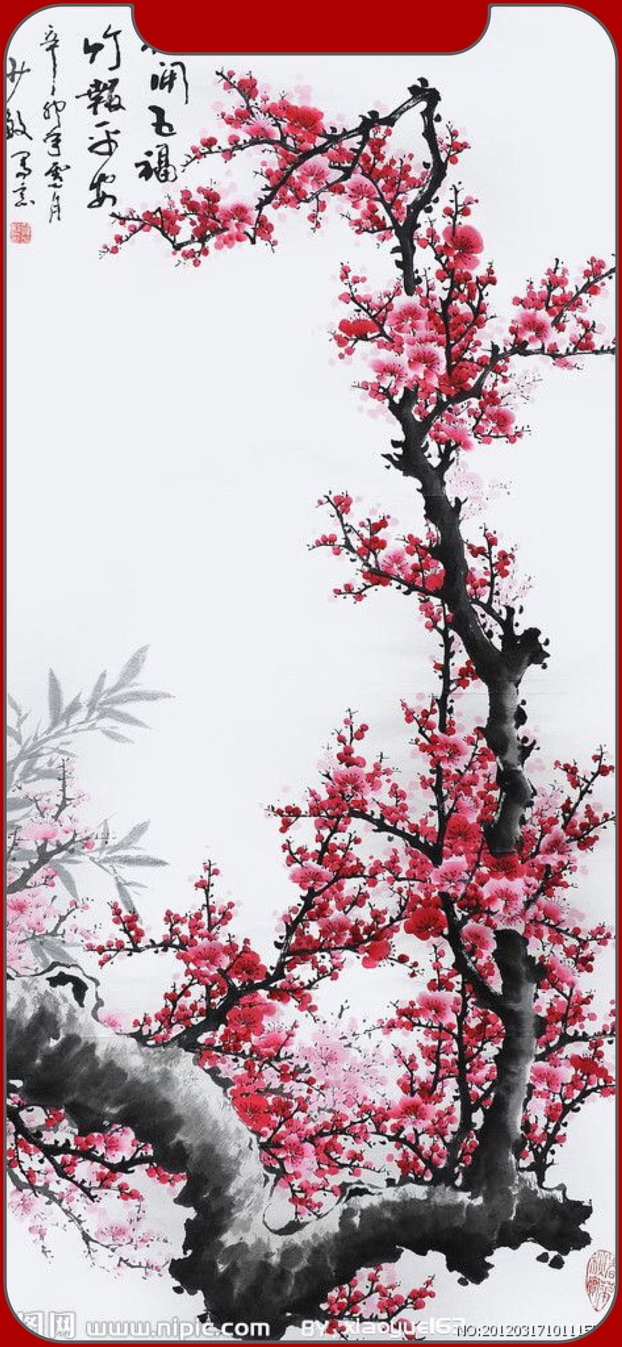 Traditional Chinese Ink Painting of Red Plum Blossoms and Bamboo HD phone wallpaper