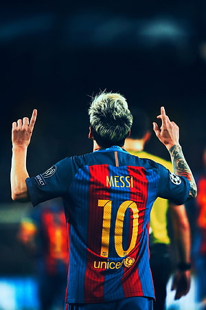 Lionel Messi in FC Barcelona jersey number 10 celebrating with hands raised HD phone wallpaper