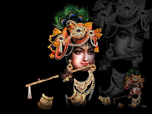 Lord Krishna Playing Flute With Peacock Feather Crown And Gold Jewelry HD wallpaper