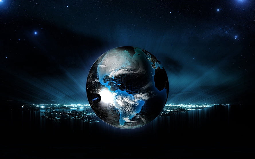 Glowing Earth Globe with Digital Circuit Overlay and Starry Night Sky HD wallpaper
