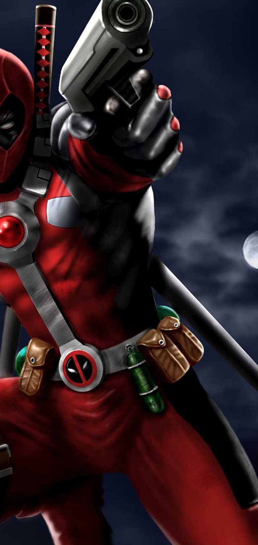 Deadpool Aiming Pistol With Katana On Back Against Night Sky HD phone wallpaper