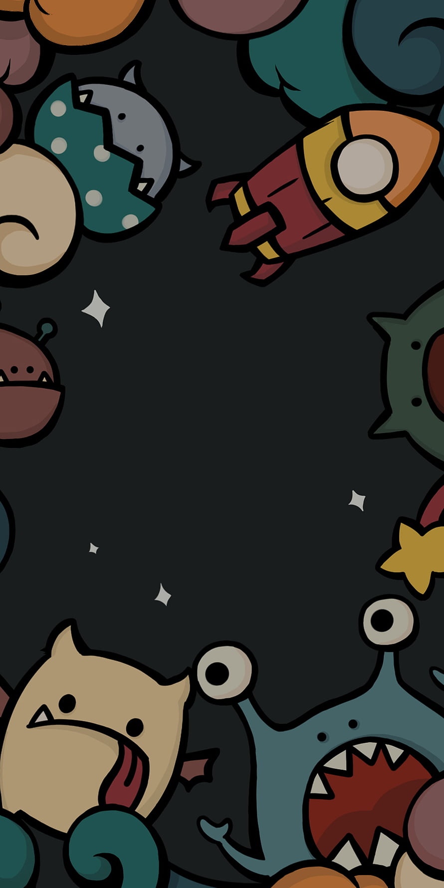 Cute Cartoon Space Monsters and Rocket on Dark Background HD phone wallpaper