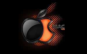 Glossy Black and Orange Apple Logo with Mac OS Text on Dark Background HD wallpaper
