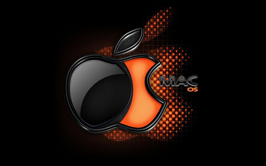 Glossy Black and Orange Apple Logo with Mac OS Text on Dark Background HD wallpaper