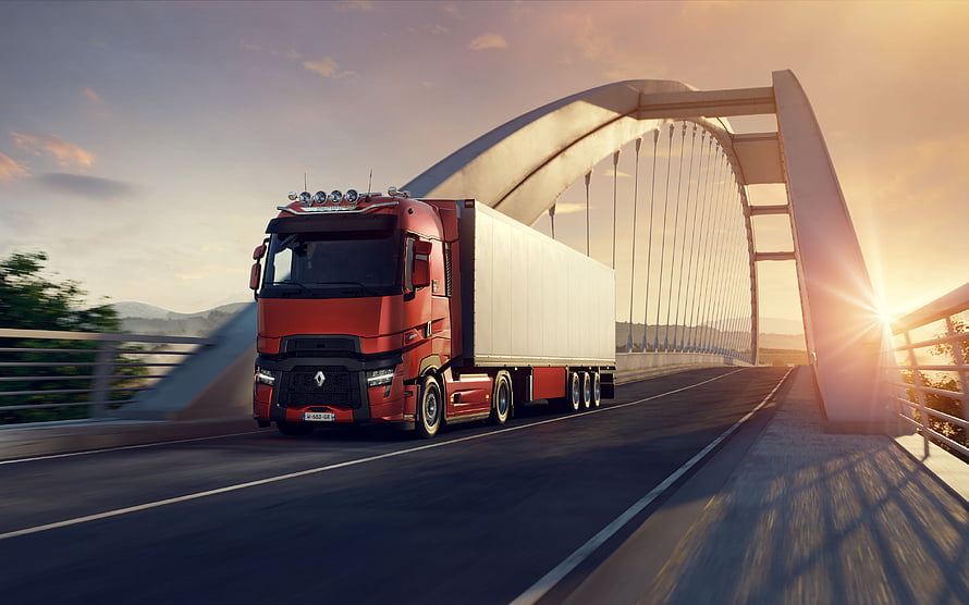 Red Renault T Heavy Truck Crossing Arch Bridge at Sunset in Euro Truck Simulator 2 HD wallpaper