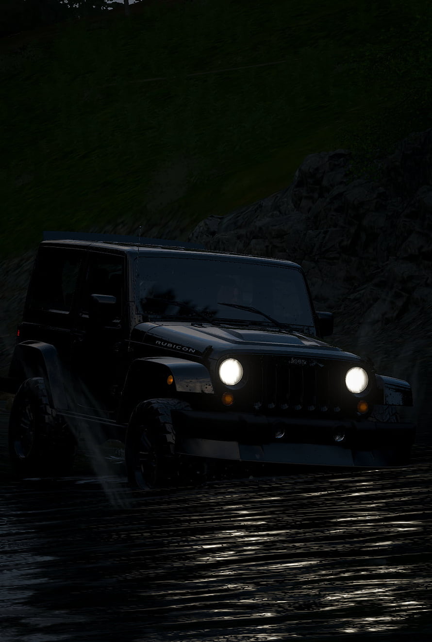 Black Jeep Rubicon Off-Road Vehicle Driving Through Water at Night HD phone wallpaper