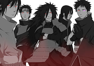 Uchiha Clan Members in Grayscale and Red Anime Illustration HD wallpaper
