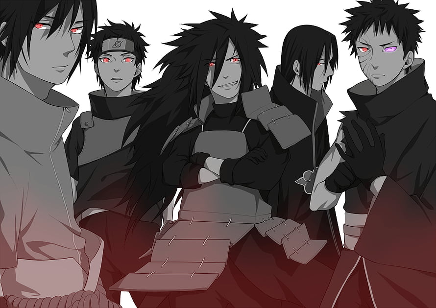 Uchiha Clan Members in Grayscale and Red Anime Illustration HD wallpaper