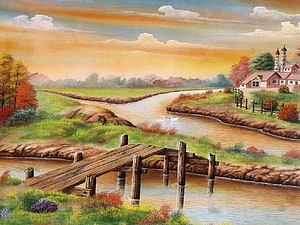 Painted Countryside Landscape with Wooden Bridge, River, and Farmhouse at Sunset HD wallpaper