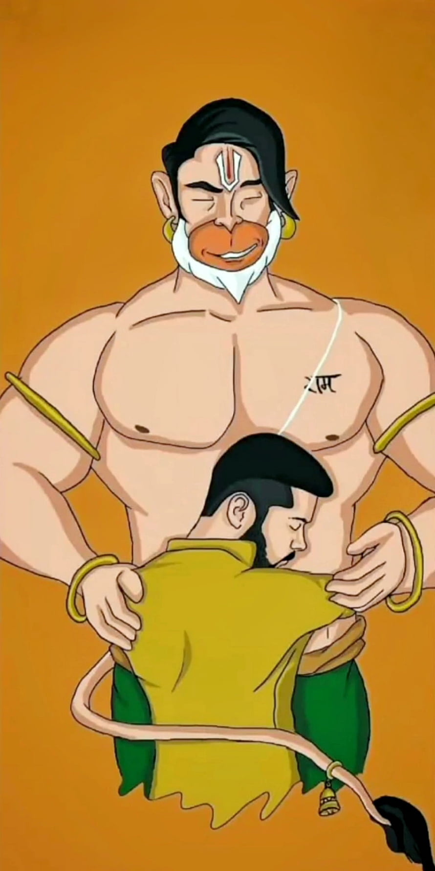 Hanshulal and Hanuman animated illustration showing a muscular deity with tilak and sacred thread embracing a devotee in yellow robes, Hanuman, lord, loyalty, shree_ram, faith, god HD phone wallpaper