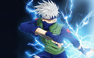 Kakashi Hatake in Lightning-Struck Combat Pose with Kunai and Green Flak Jacket HD wallpaper